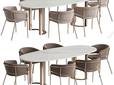 Elegant Oval Dining Table Set With Marble Tabletop And Gray Upholstered Gold Leg Chairs 3d model