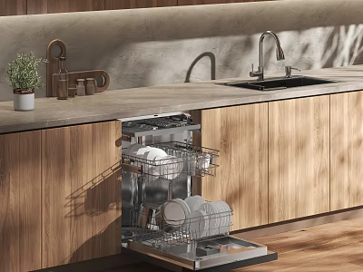 Modern Kitchen Featuring Wooden Cabinets Open Dishwasher Dishes Countertop Sink Faucet And Small Potted Plant 3d model