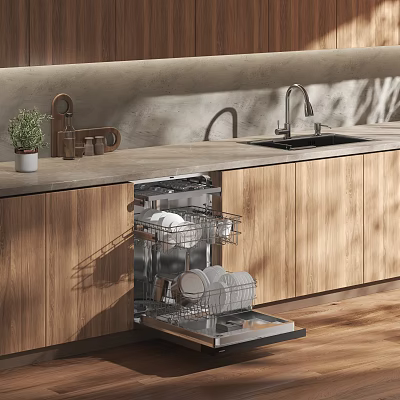 Modern Kitchen Featuring Wooden Cabinets Open Dishwasher Dishes Countertop Sink Faucet And Small Potted Plant 3d model