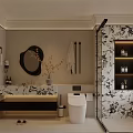 Modern Minimalist Bathroom Interior Design With Round Mirror Vanity And Patterned Shower Area 3d model