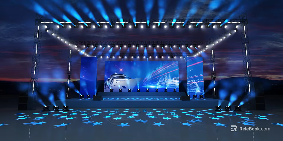 Event Stage With Blue Lights LED Screens And Star Floor 3d model 