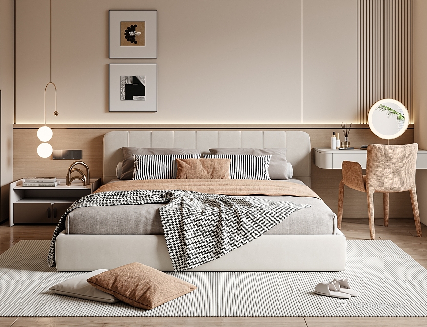 Modern Bedroom Double Bed With Soft Headboard Striped Pillows Brown Cushion And Striped Rug 3d model 