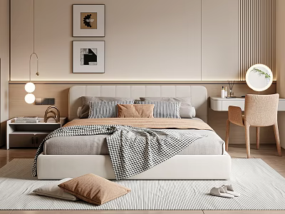 Modern Bedroom Double Bed With Soft Headboard Striped Pillows Brown Cushion And Striped Rug 3d model