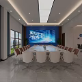 Modern Bright Conference Room Interior With Long Table White Chairs And Large Screen 3d model