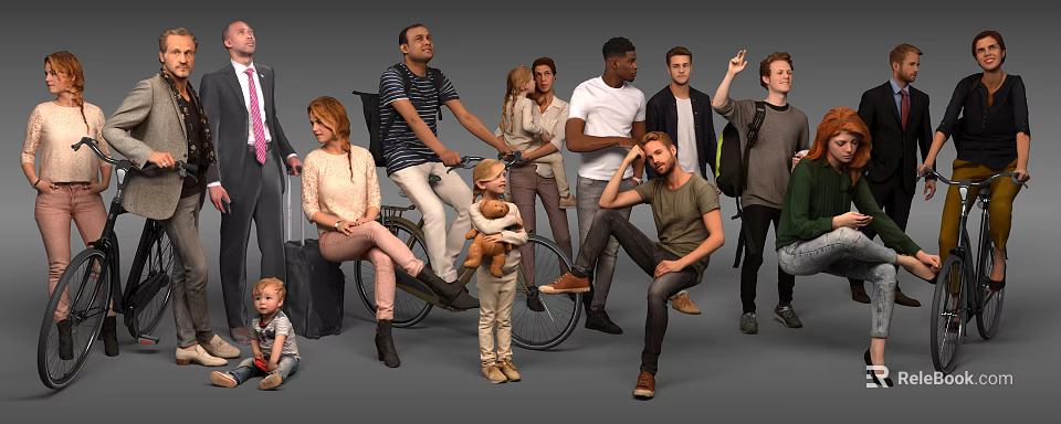 Diverse Group of People Different Ages Various Poses with Luggage Bicycle and Casual Outfits 3d model 