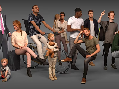 Diverse Group of People Different Ages Various Poses with Luggage Bicycle and Casual Outfits 3d model