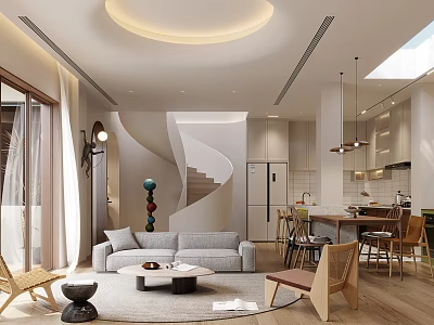 Modern Living and Dining Room Interior Design With Sofa Dining Table Pendant Lights And Staircase 3d model