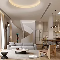 Modern Living and Dining Room Interior Design With Sofa Dining Table Pendant Lights And Staircase