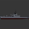 Gray Military Warship With Red Bottom Radar Antenna And Naval Deck Equipment