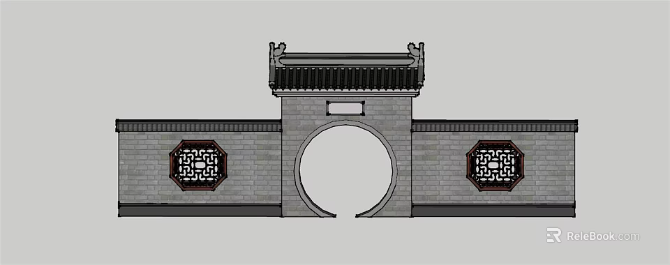 Chinese Style Entrance Gate With Circular Arch Brick Walls Traditional Lattice Windows And Eave Design 3d model 