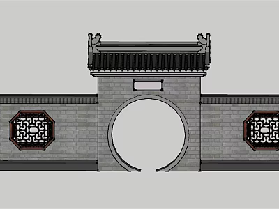 Chinese Style Entrance Gate With Circular Arch Brick Walls Traditional Lattice Windows And Eave Design 3d model