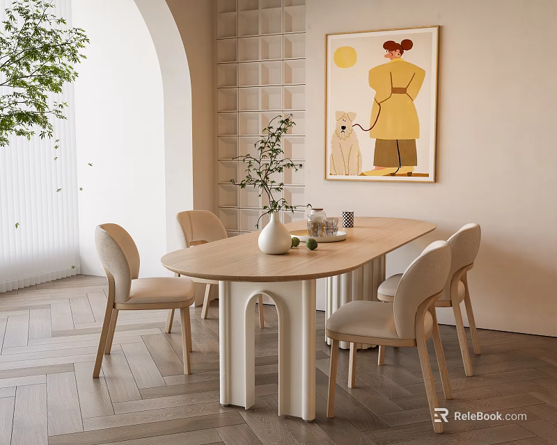 Modern Oval Wooden Table And Beige Chairs Set With Green Plant Arched Window Wall Painting 3d model 