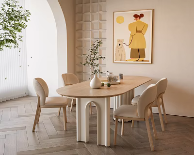 Modern Oval Wooden Table And Beige Chairs Set With Green Plant Arched Window Wall Painting 3d model