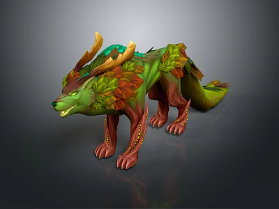 Detailed Mystical Wolf With Antlers And Green Brown Leaves Design 3d model