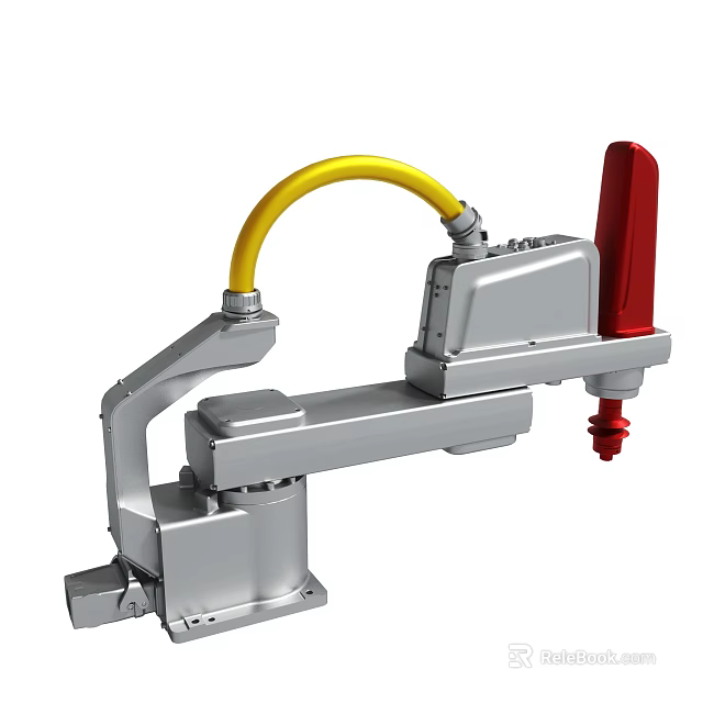 Industrial Robotic Arm With Yellow Hose Red Component And Silver Metallic Structure 3d model