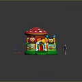 Inflatable Play Castle With Mushroom Shape And Cartoon Ladybug Decorations Near Green Ground With Child