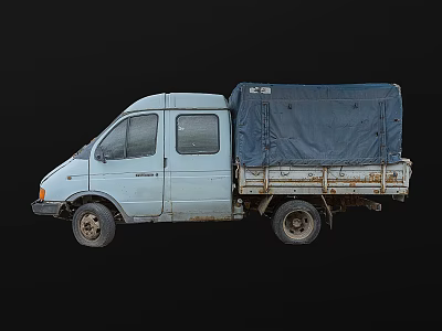 Old White Van With Blue Tarp Covered Cargo Bed And Worn Tires 3d model