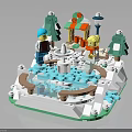 Colorful Lego Miniature Scene with Figures Trees Pavilion Fountain and Snowy Base