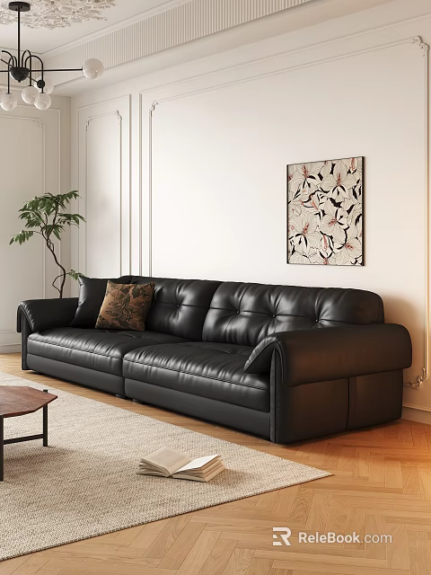 Black Leather Two Seater Sofa with Wooden Coffee Table Wall Art and Green Plant 3d model 