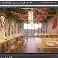 Japanese Style Restaurant Interior With Wooden Tables Cherry Blossom Decor Hanging Lanterns And Green Plants