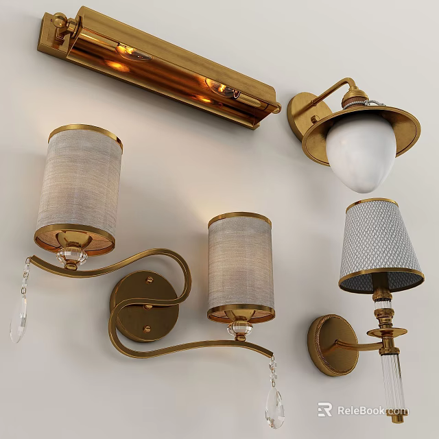 Tech Exhibition Hall Featuring Modern Golden Wall Lamps with Lampshades and Crystal Details 3d model 