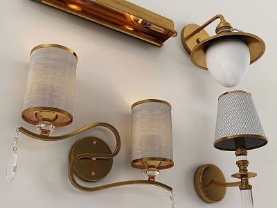 Tech Exhibition Hall Featuring Modern Golden Wall Lamps with Lampshades and Crystal Details 3d model