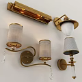 Tech Exhibition Hall Featuring Modern Golden Wall Lamps with Lampshades and Crystal Details