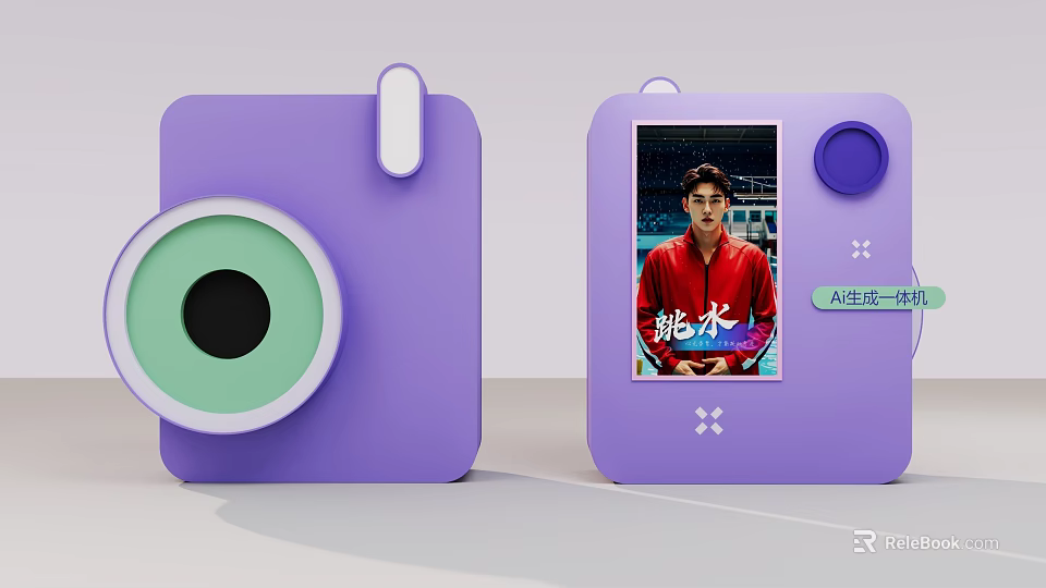 Purple Instant Camera Photo Check In Spot With Screen Displaying Photo And Green Lens Design 3d model 