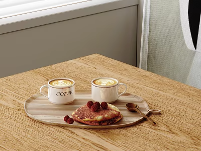 Fresh Coffee In White Cups On Wooden Tray With Pancakes And Raspberries 3d model