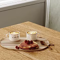 Fresh Coffee In White Cups On Wooden Tray With Pancakes And Raspberries