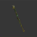 Enchanted Magic Staff With Blue Dragon Head Green Spiral Patterns And Brown Wooden Base