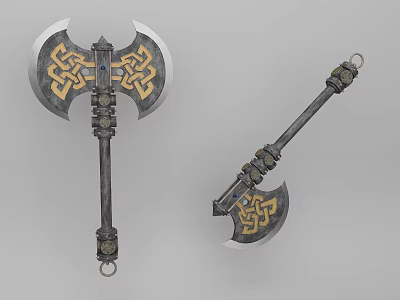 Decorative Double Bladed Axe With Intricate Golden Patterns And Dark Handle 3d model