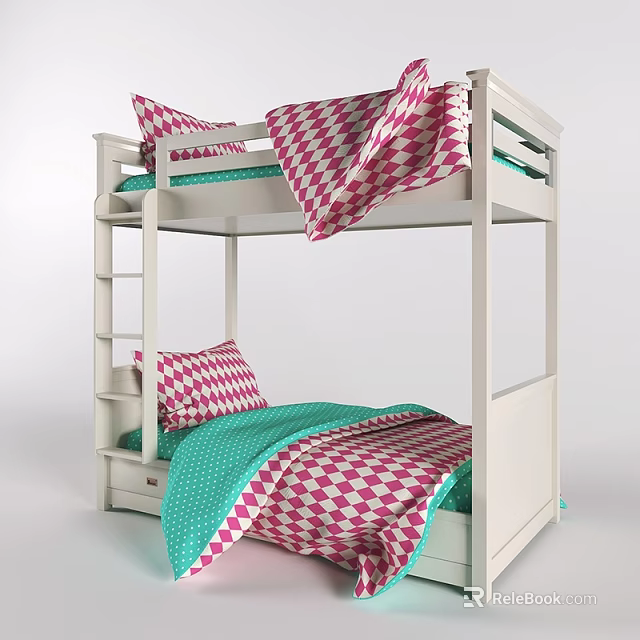 Modern White Bunk Bed With Ladder And Pink Green Checkered Quilts And Pillows 3d model 