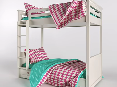 Modern White Bunk Bed With Ladder And Pink Green Checkered Quilts And Pillows 3d model