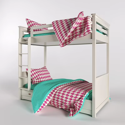 Modern White Bunk Bed With Ladder And Pink Green Checkered Quilts And Pillows 3d model