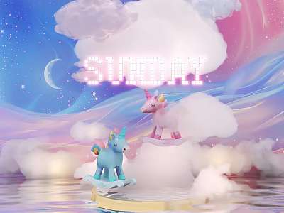 Magical Sunday Photo Spot With Clouds Moon Stars Blue And Pink Unicorns 3d model