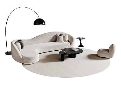 Curved Light Beige Sofa Combination With Cushions Floor Lamp Armchair And Round Rug 3d model