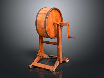 Vintage Wooden Barrel Shaped Press With Stand And Hand Crank Handle 3d model