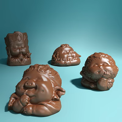 Chocolate Colored Decorative Ornament Set with Cute Animal Character Figurines for Home Decor 3d model
