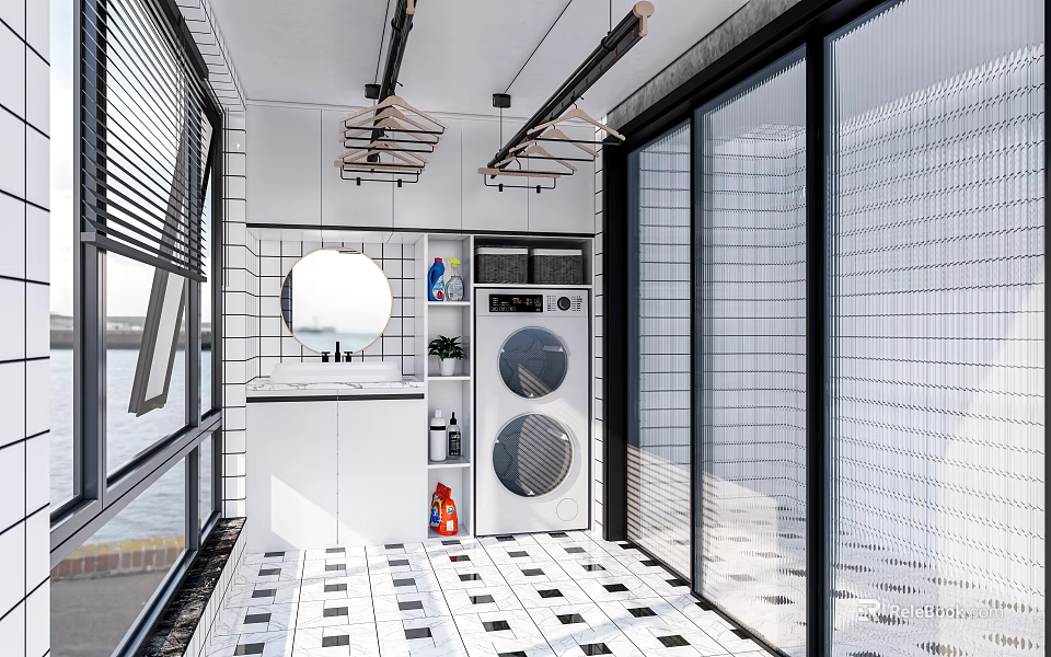 Bright White Laundry Room Interior Design With Stacked Washing Machine Dryer And Hanging Racks 3d model 