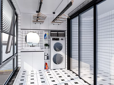 Bright White Laundry Room Interior Design With Stacked Washing Machine Dryer And Hanging Racks 3d model