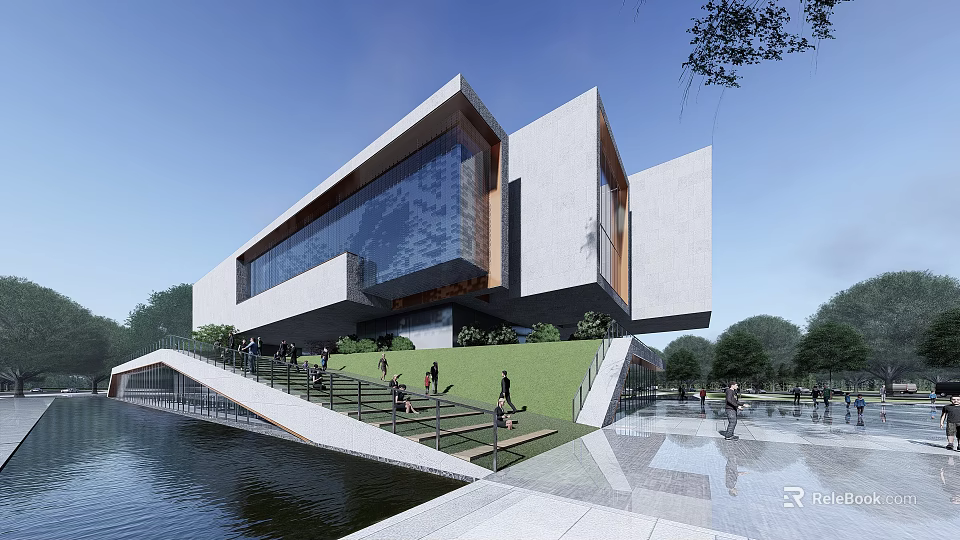 Modern Sales Office Building Exterior With Large Glass Facade Geometric Structure Green Lawn And Waterfront 3d model 