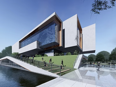 Modern Sales Office Building Exterior With Large Glass Facade Geometric Structure Green Lawn And Waterfront 3d model