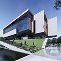 Modern Sales Office Building Exterior With Large Glass Facade Geometric Structure Green Lawn And Waterfront