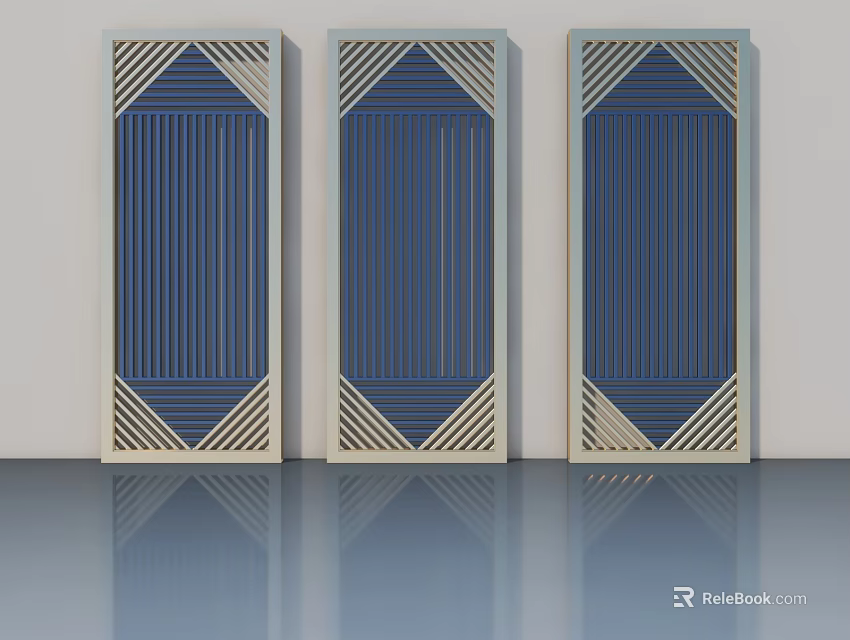 Elegant Modern Blue Flush Doors With Geometric Rhombus Striped Patterns For Home Interior 3d model 