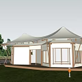 Modern Outdoor Tent With Wooden Structure And Large Windows In Grassland