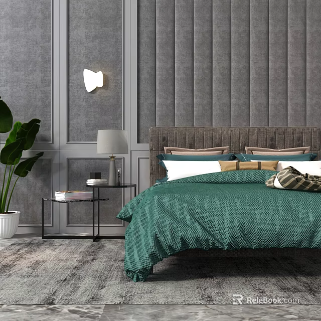 Double Bed With Green Quilt Pillows Tufted Headboard Nightstand Green Plant And Wall Lamp 3d model 