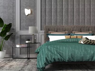 Double Bed With Green Quilt Pillows Tufted Headboard Nightstand Green Plant And Wall Lamp 3d model