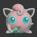 Cute Pink Cartoon Creature Character With Big Blue Eyes Curly Head Open Mouth And Green Object