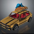Yellow Car With Blue Shark Doll And Orange Surfboard On Roof Red Interior Black Stripes